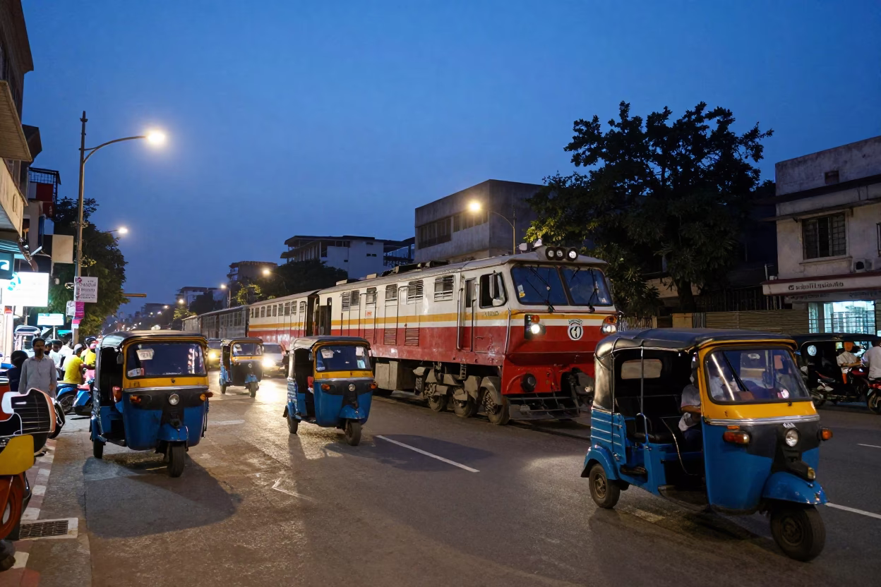 Twilight Street Scene in Hyderabad India with Locomotive and Auto Rickshaws in in Hyderabad, India