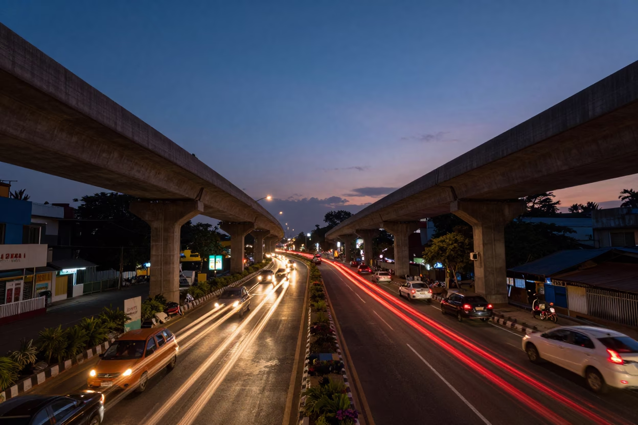 Twilight Street Scene in Hyderabad India with Overpass Taillight Streaks and String Lights in in Hyderabad, India