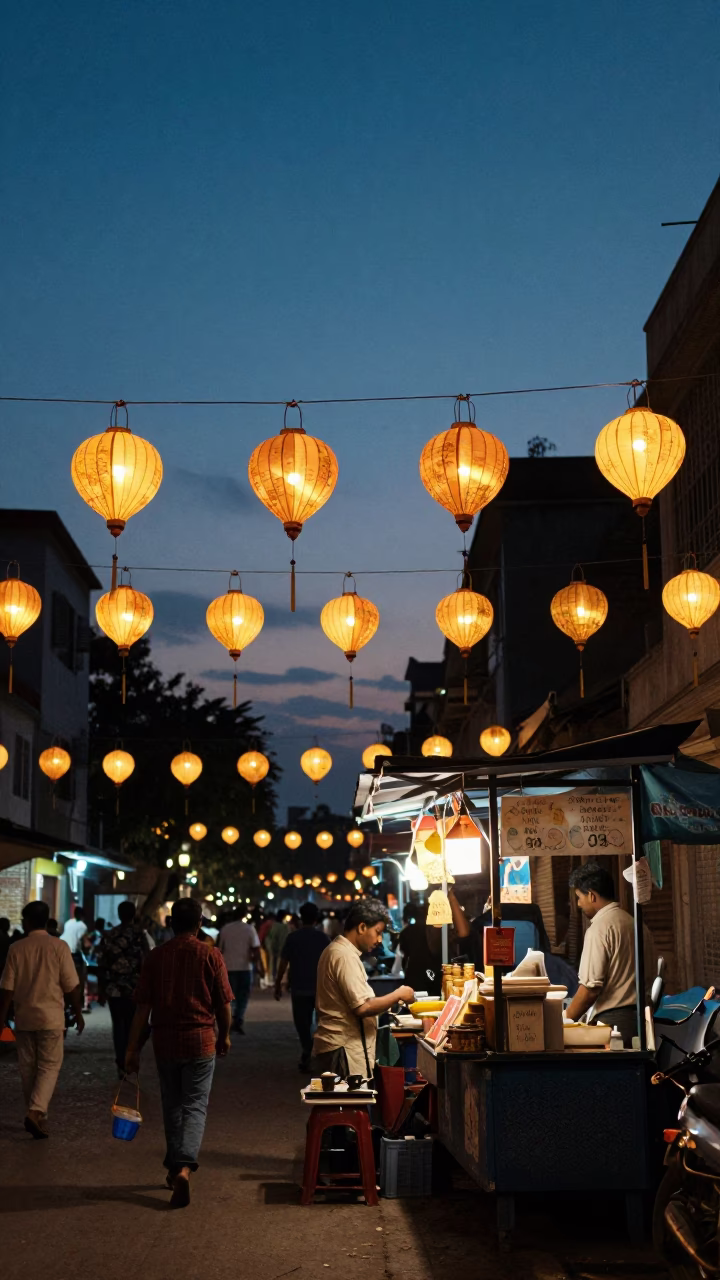 Twilight Street Scene in Hyderabad India with Paper Lanterns and Urban Life in in Hyderabad, India