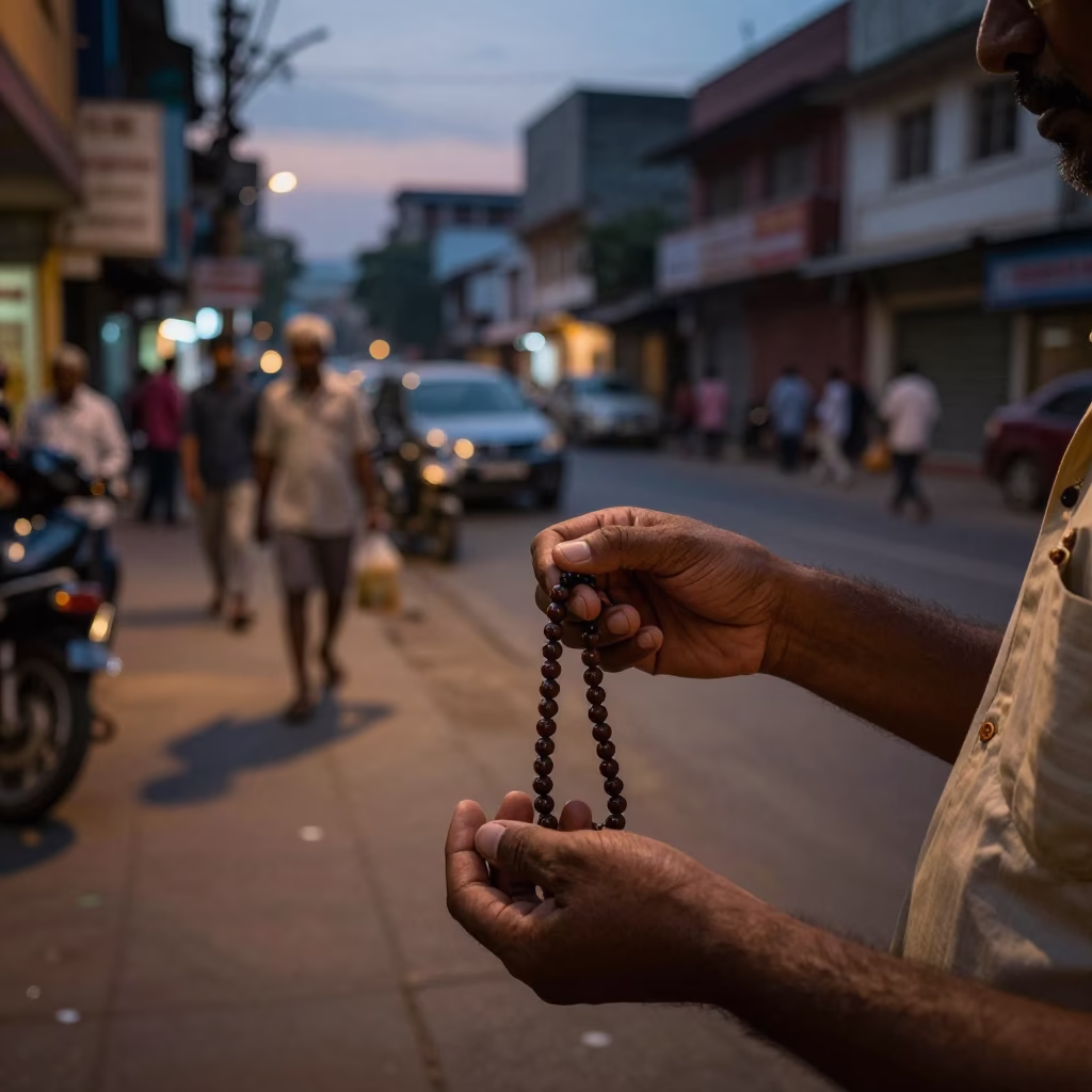 Twilight street scene in Hyderabad India with prayer beads and local vendors in in Hyderabad, India