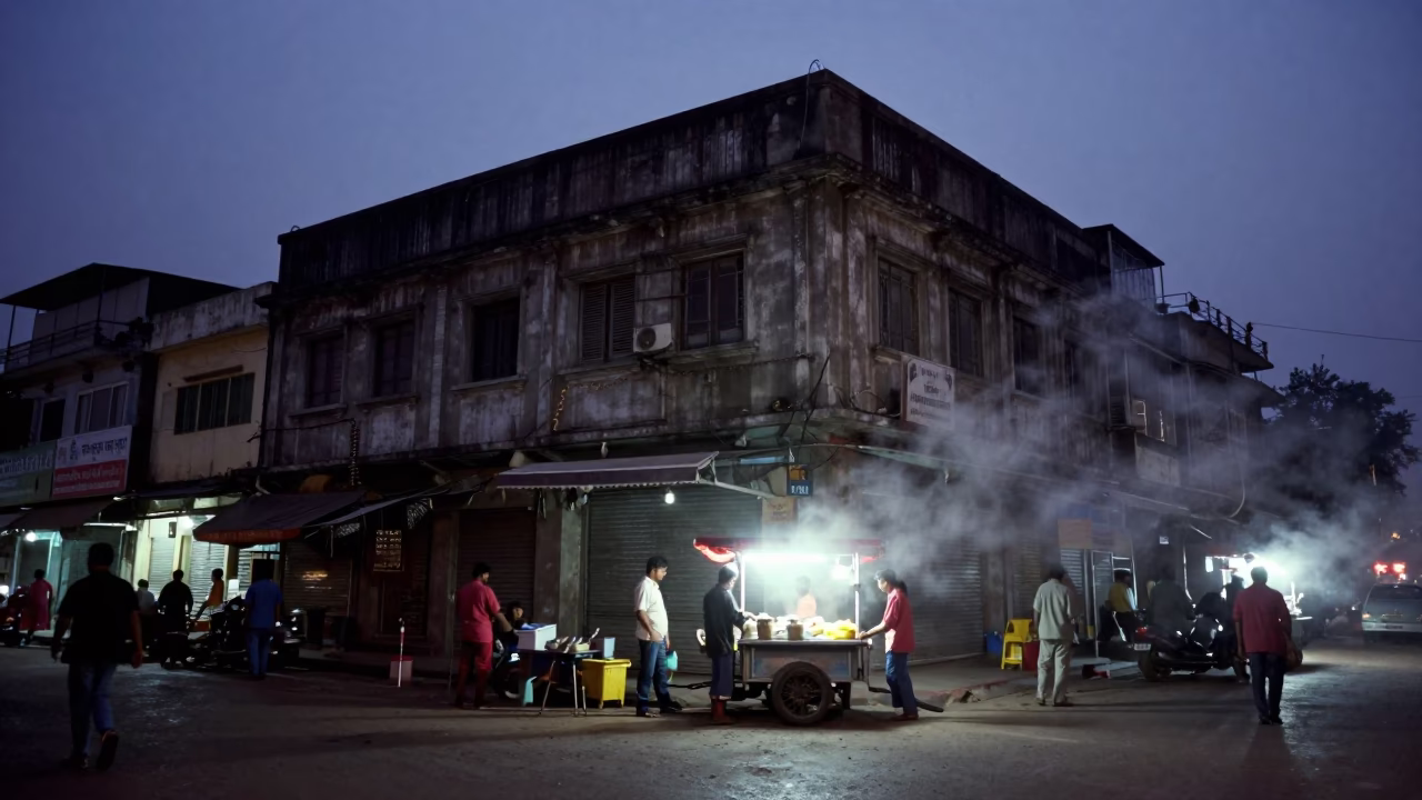 Twilight Street Scene in Hyderabad India with Steam Haze and Concrete Architecture in in Hyderabad, India