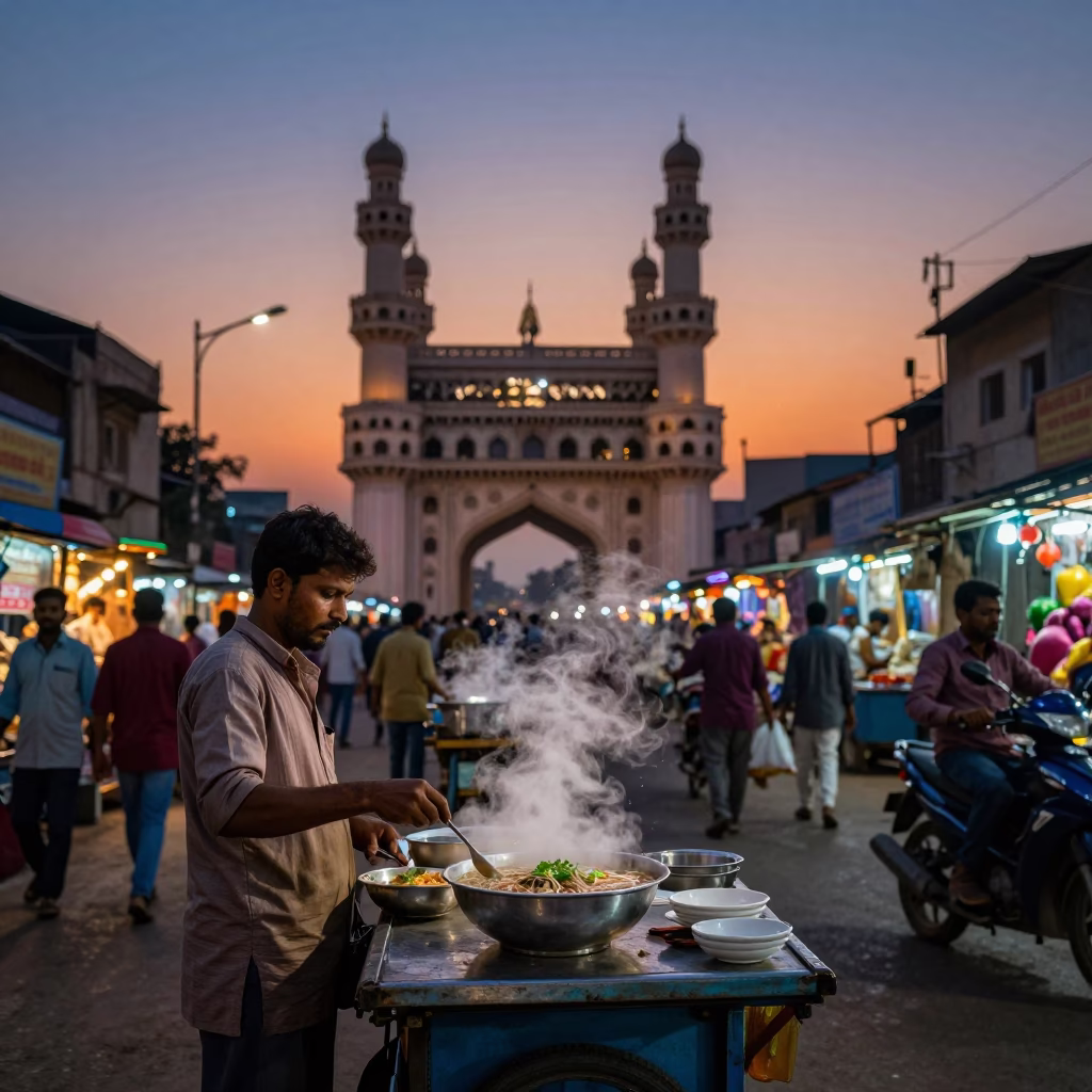 Twilight Street Scene in Hyderabad India with Steaming Food Vendor in in Hyderabad, India