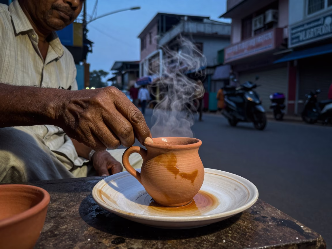 Twilight Street Scene in Hyderabad India with Tea Stains and Ceramic Plate in in Hyderabad, India