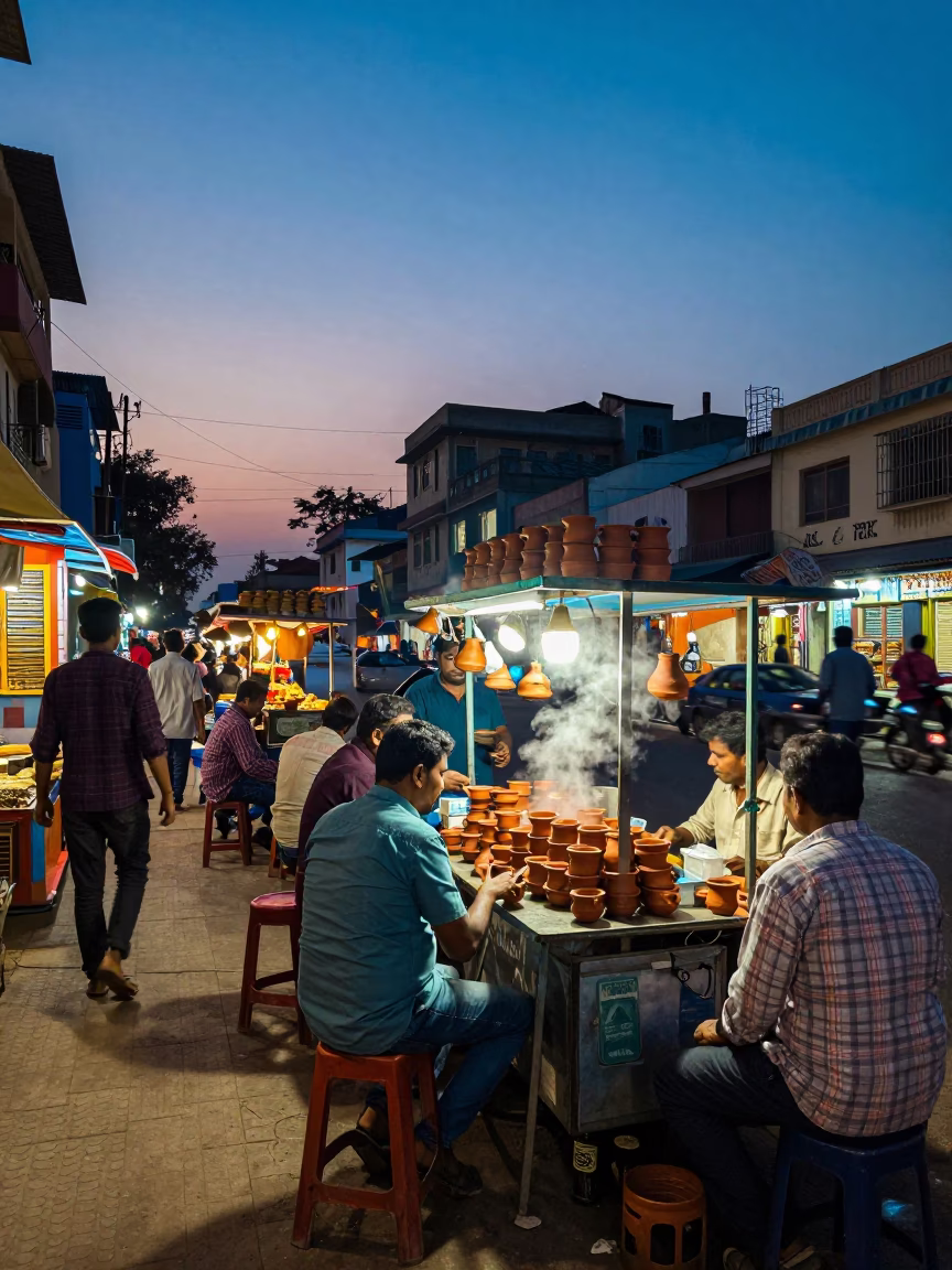 Twilight Street Scene in Hyderabad India with Tea Stall and Terracotta Bowl in in Hyderabad, India