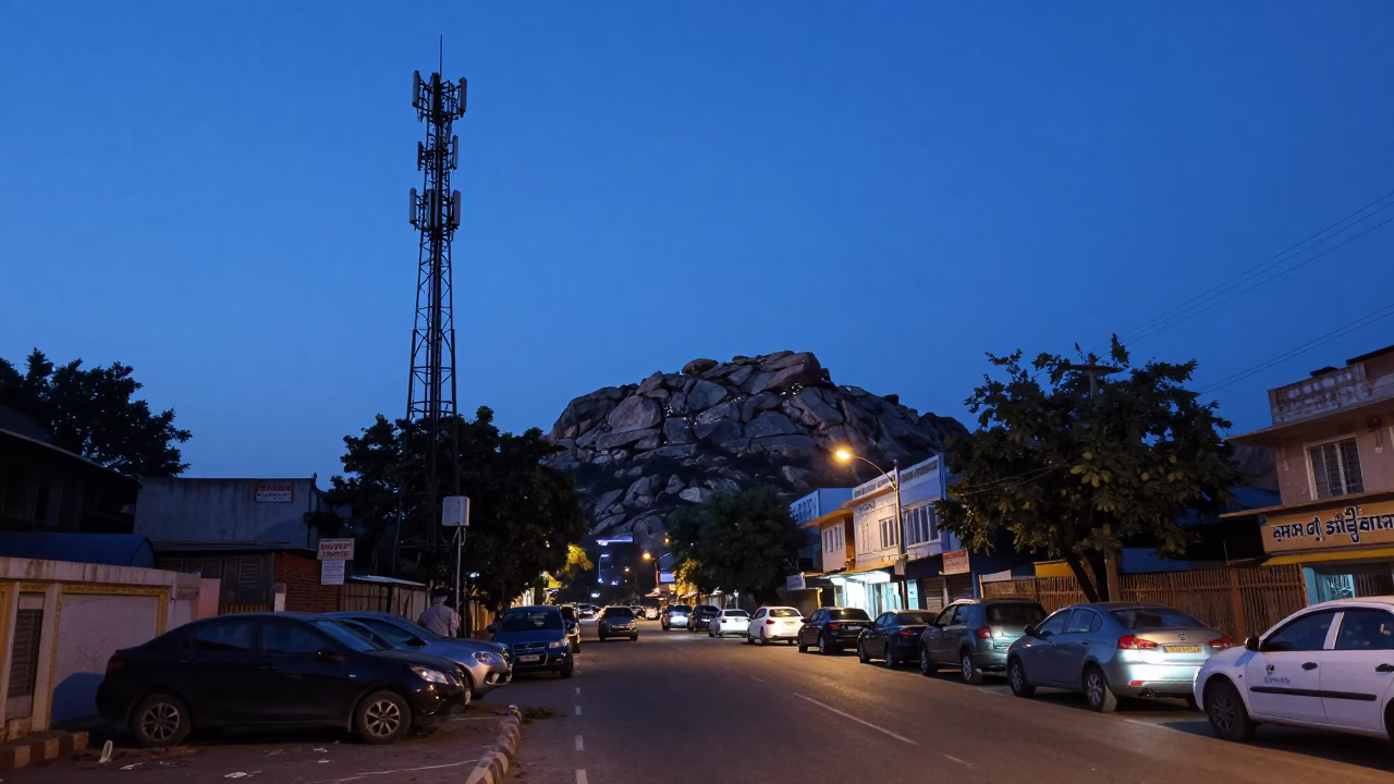 Twilight Street Scene in Hyderabad India with Telecommunication Mast on Rocky Summit in in Hyderabad, India
