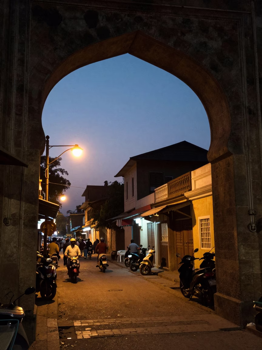 Twilight Street Scene in Hyderabad India with Traditional Architecture and Local Life in in Hyderabad, India