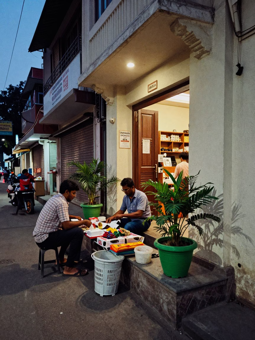 Twilight Street Scene in Hyderabad India with Vendor and Plant Pot in in Hyderabad, India