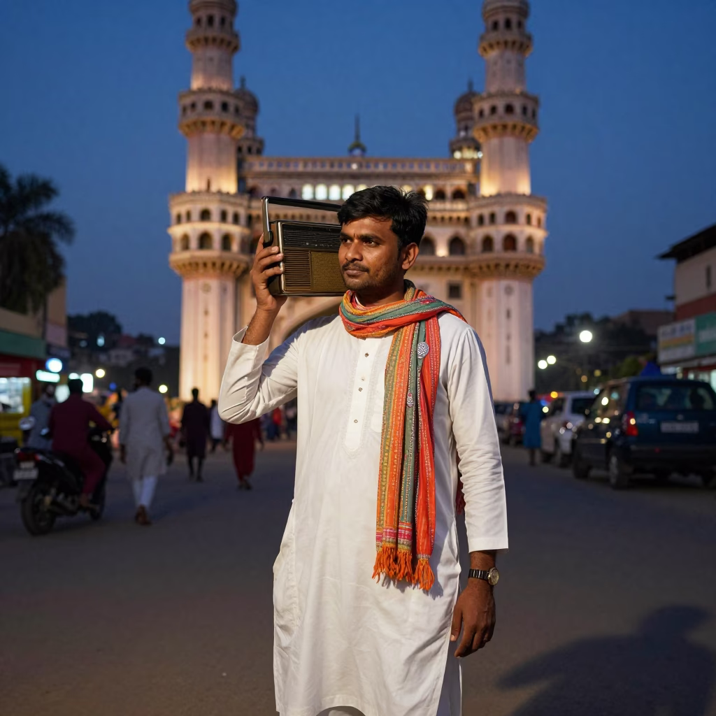 Twilight street scene in Hyderabad India with vintage radio and scarf in in Hyderabad, India