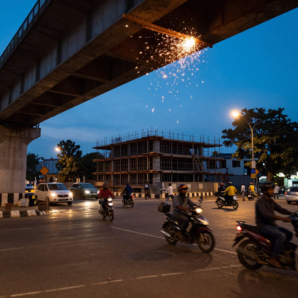 Twilight street scene in Hyderabad India with welding sparks beneath bridge construction in in Hyderabad, India
