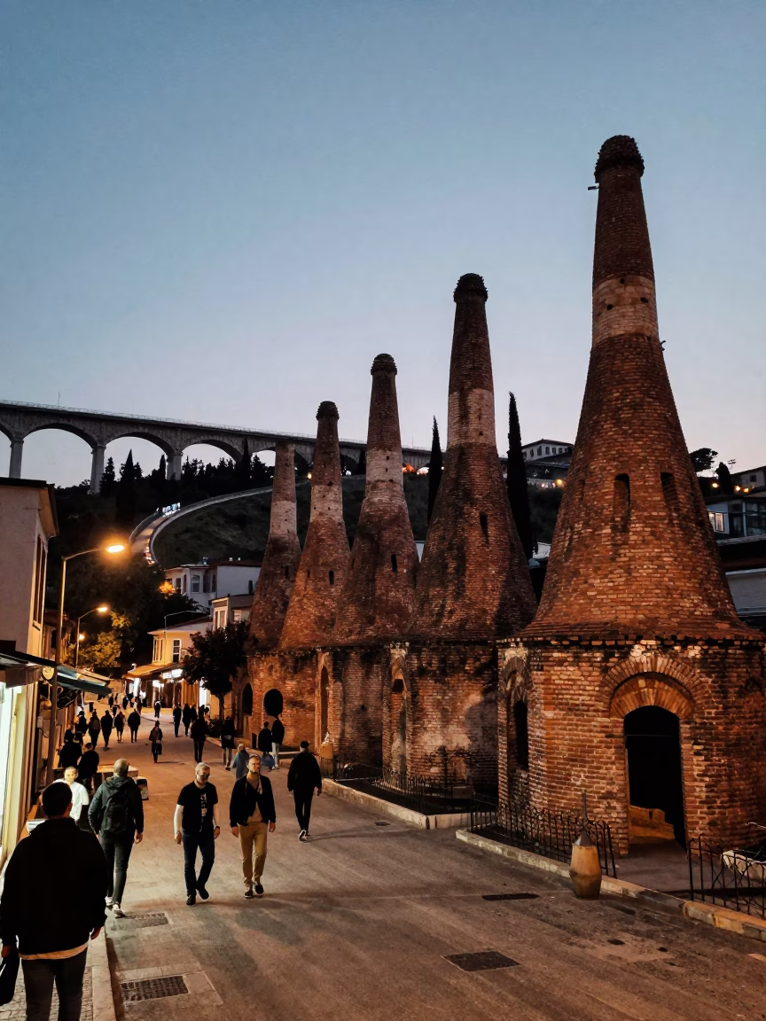 Twilight Street Scene in Istanbul Turkey with Brick Kilns and Cypress Trees in in Istanbul, Turkey