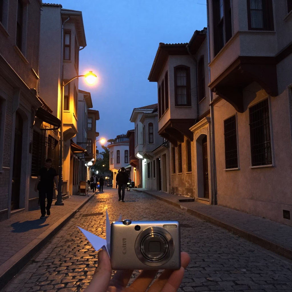 Twilight Street Scene in Istanbul Turkey with Origami Crane and Lantern in in Istanbul, Turkey