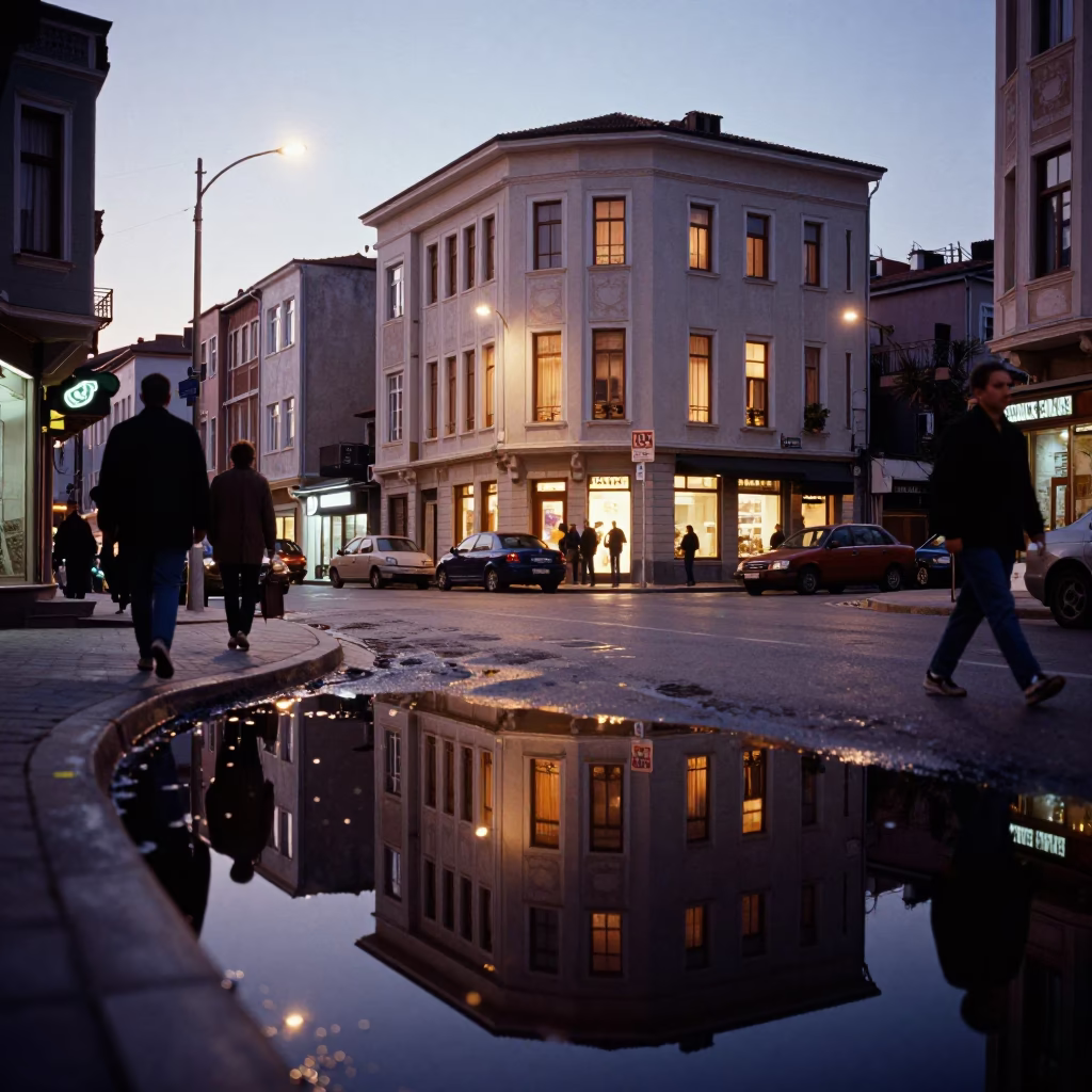 Twilight Street Scene in Istanbul Turkey with Puddle Reflections and Hotel Lights in in Istanbul, Turkey