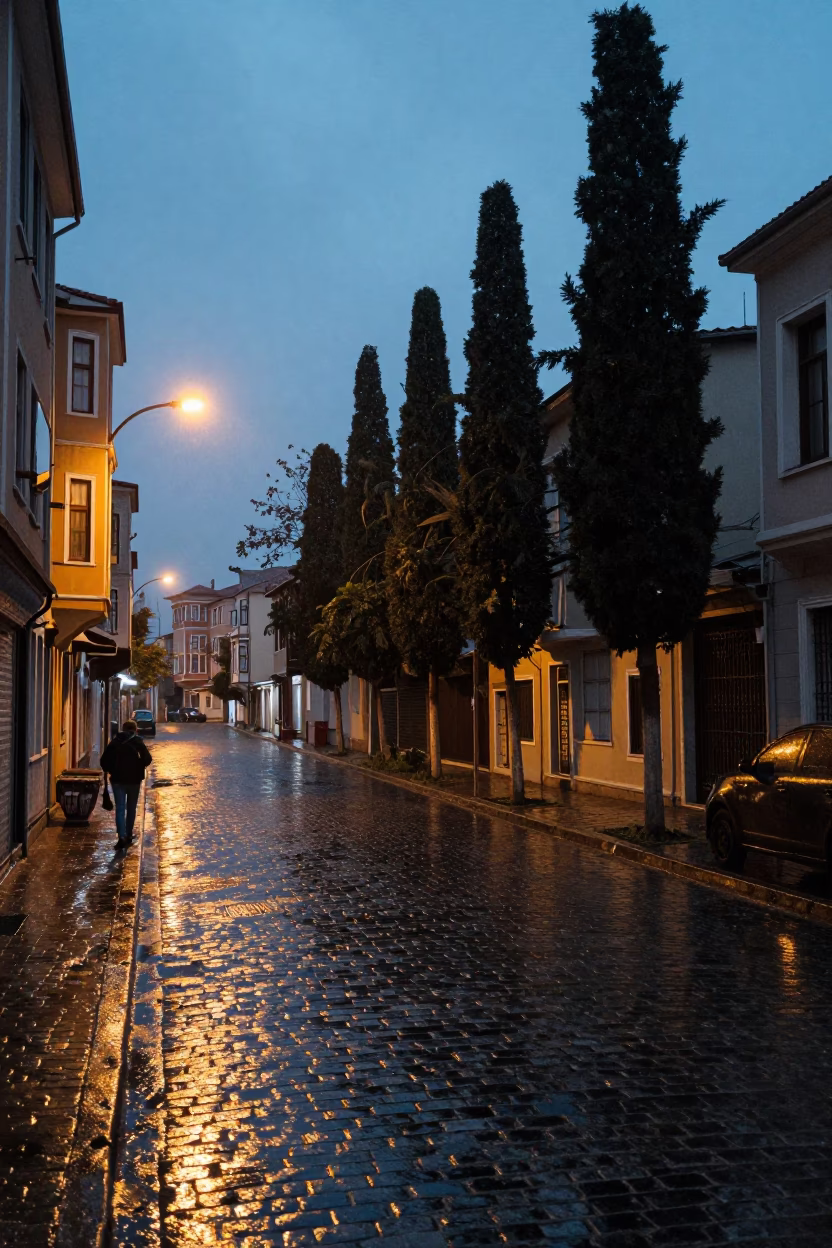 Twilight Street Scene in Istanbul Turkey with Rain and Urban Details in in Istanbul, Turkey