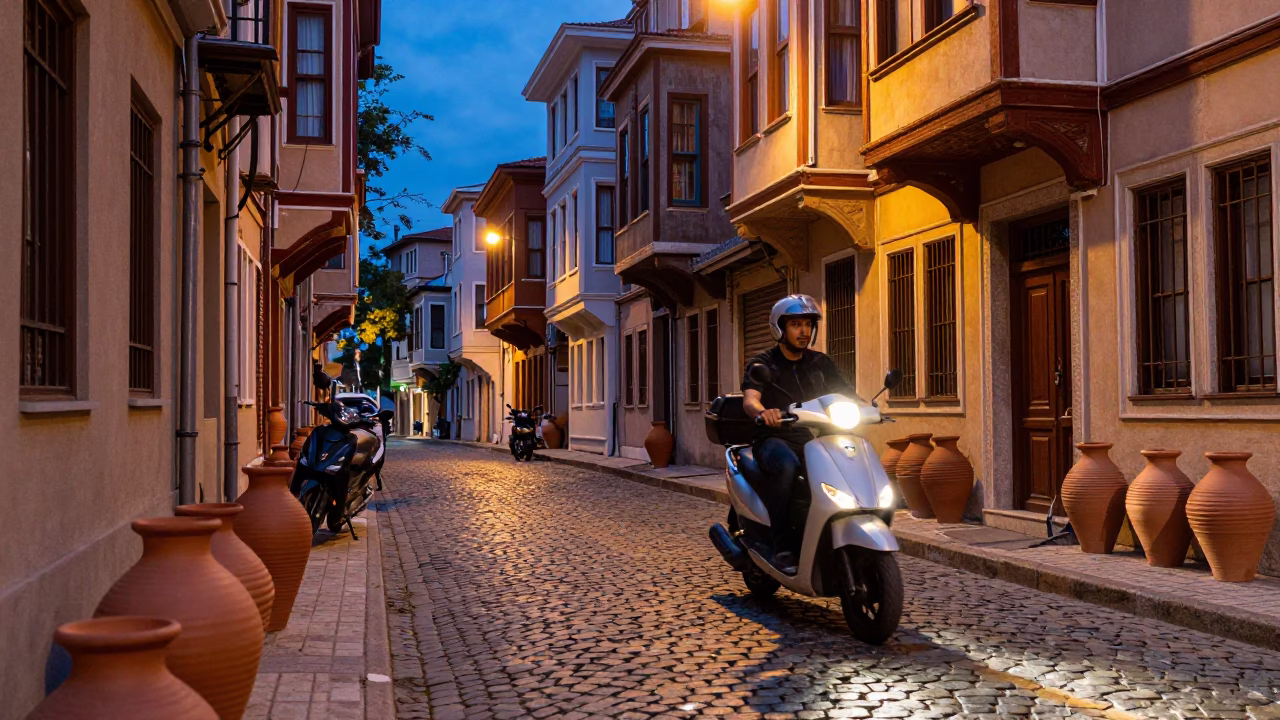 Twilight Street Scene in Istanbul Turkey with Scooter and Clay Pots in in Istanbul, Turkey