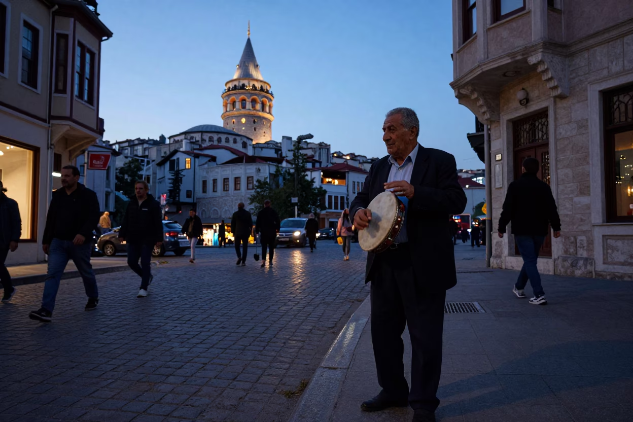 Twilight Street Scene in Istanbul Turkey with Traditional Tambourine Player in in Istanbul, Turkey