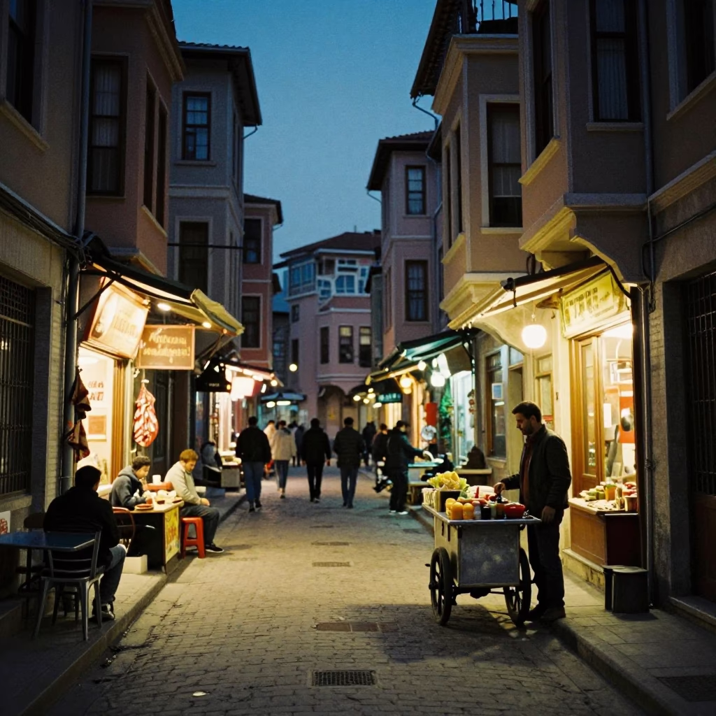 Twilight Street Scene in Istanbul Turkey with Vintage 1990s Aesthetic and Local Market Details in in Istanbul, Turkey