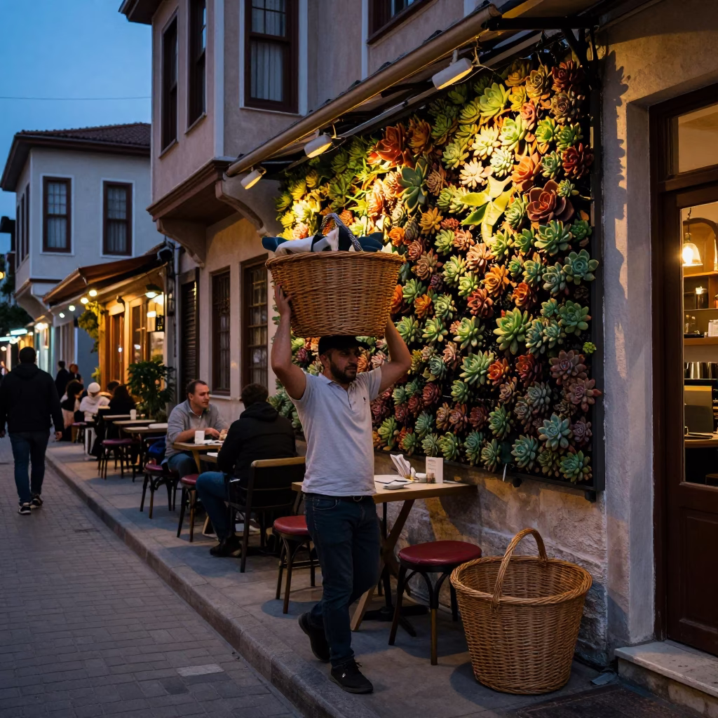 Twilight Street Scene in Istanbul Turkey with Wicker Basket and Cafe Succulents in in Istanbul, Turkey