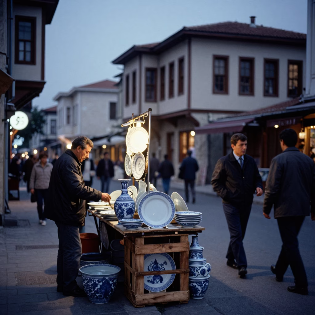 Twilight Street Scene in Izmir Turkey with Blue White Porcelain and Cedar Tree in in Izmir, Turkey