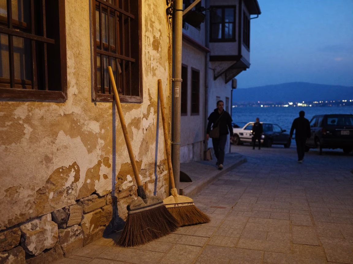 Twilight Street Scene in Izmir Turkey with Brooms and Coastal Architecture in in Izmir, Turkey