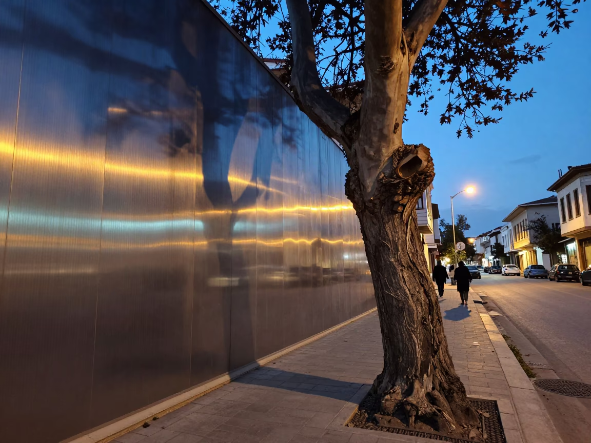 Twilight street scene in Izmir Turkey with brushed steel wall and tree in in Izmir, Turkey