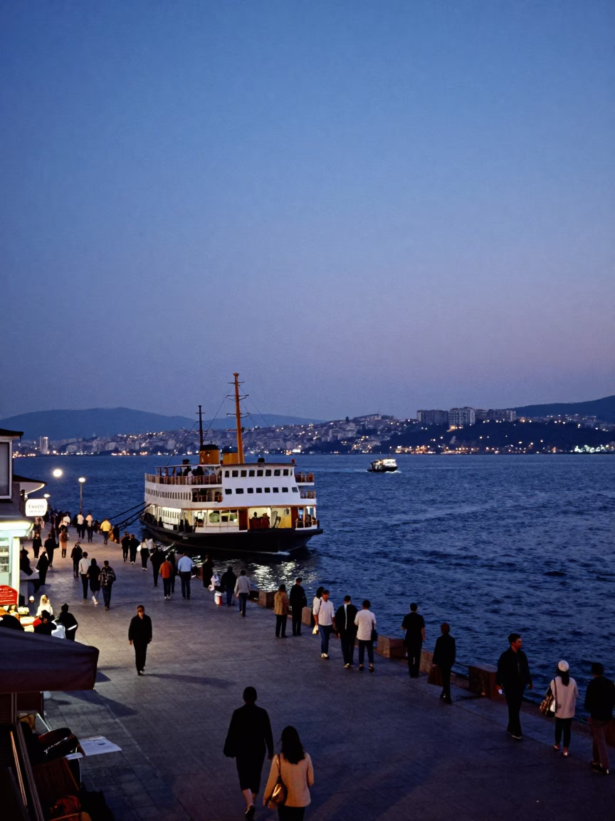 Twilight Street Scene in Izmir Turkey with Chain Ferry Crossing Karsiyaka Pier in in Izmir, Turkey