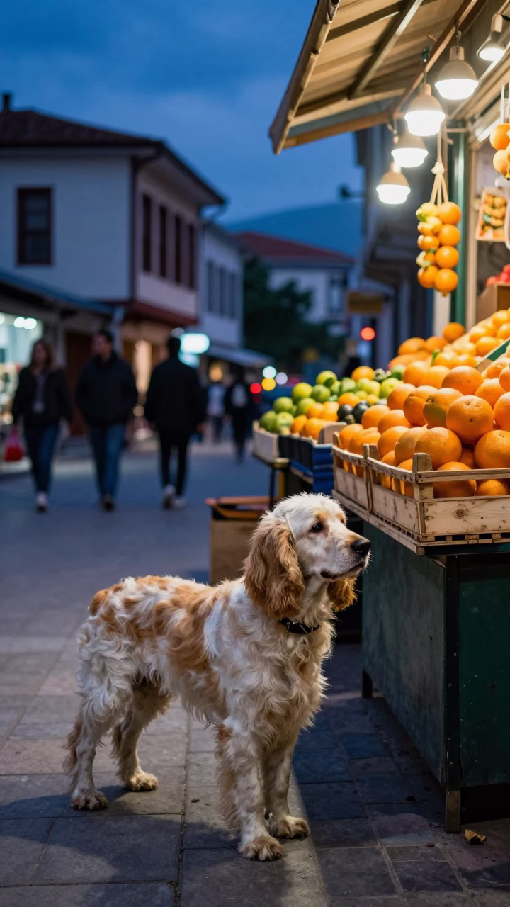 Twilight Street Scene in Izmir Turkey with Clumber Spaniel and Colorful Vintage Details in in Izmir, Turkey