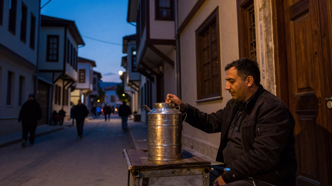 Twilight Street Scene in Izmir Turkey with Coffee Tin and Wooden Ladder in in Izmir, Turkey