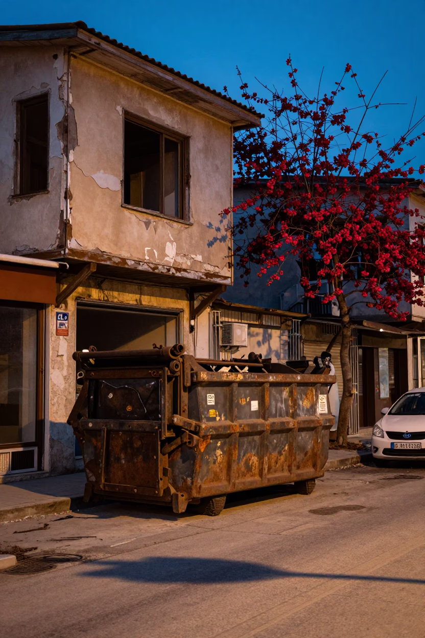 Twilight Street Scene in Izmir Turkey with Demolition Dumpster and Cherry Trees in in Izmir, Turkey