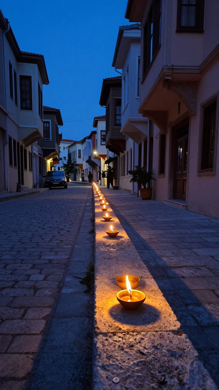 Twilight Street Scene in Izmir Turkey with Diwali Oil Lamps and Evening Atmosphere in in Izmir, Turkey