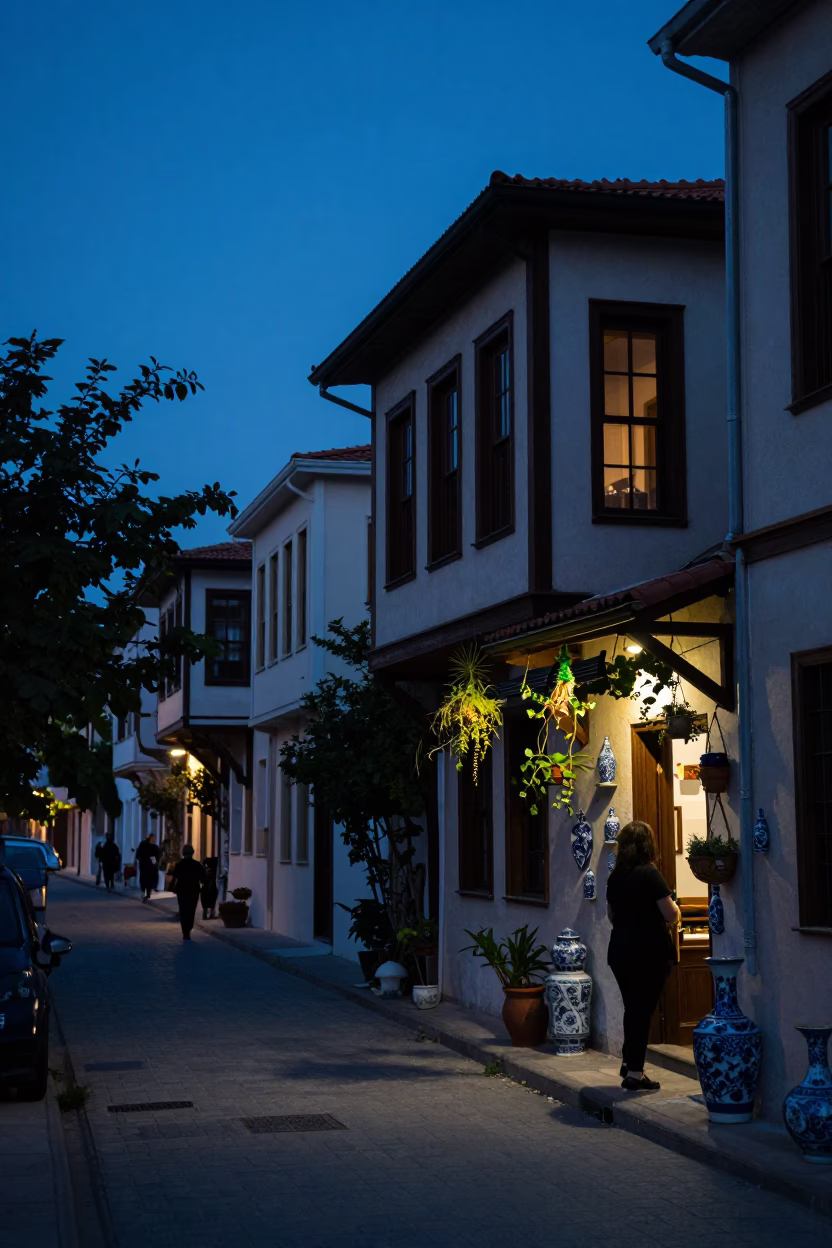 Twilight Street Scene in Izmir Turkey with Hanging Plants and Porcelain Jar in in Izmir, Turkey