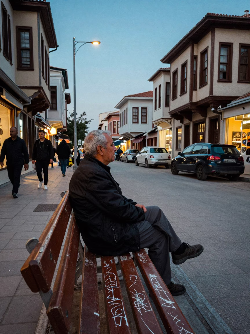 Twilight Street Scene in Izmir Turkey with Latch and Scratches on Wooden Bench in in Izmir, Turkey