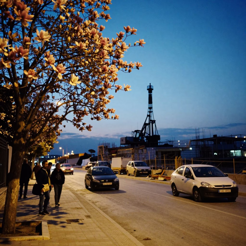Twilight Street Scene in Izmir Turkey with Magnolia Tree and Construction Pile Driver in in Izmir, Turkey
