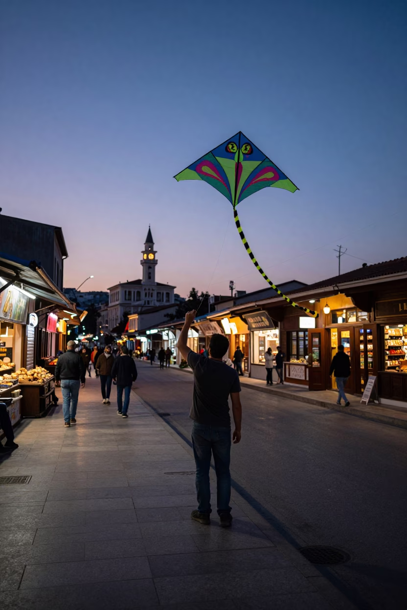 Twilight street scene in Izmir Turkey with man holding kite near historic clock tower in in Izmir, Turkey