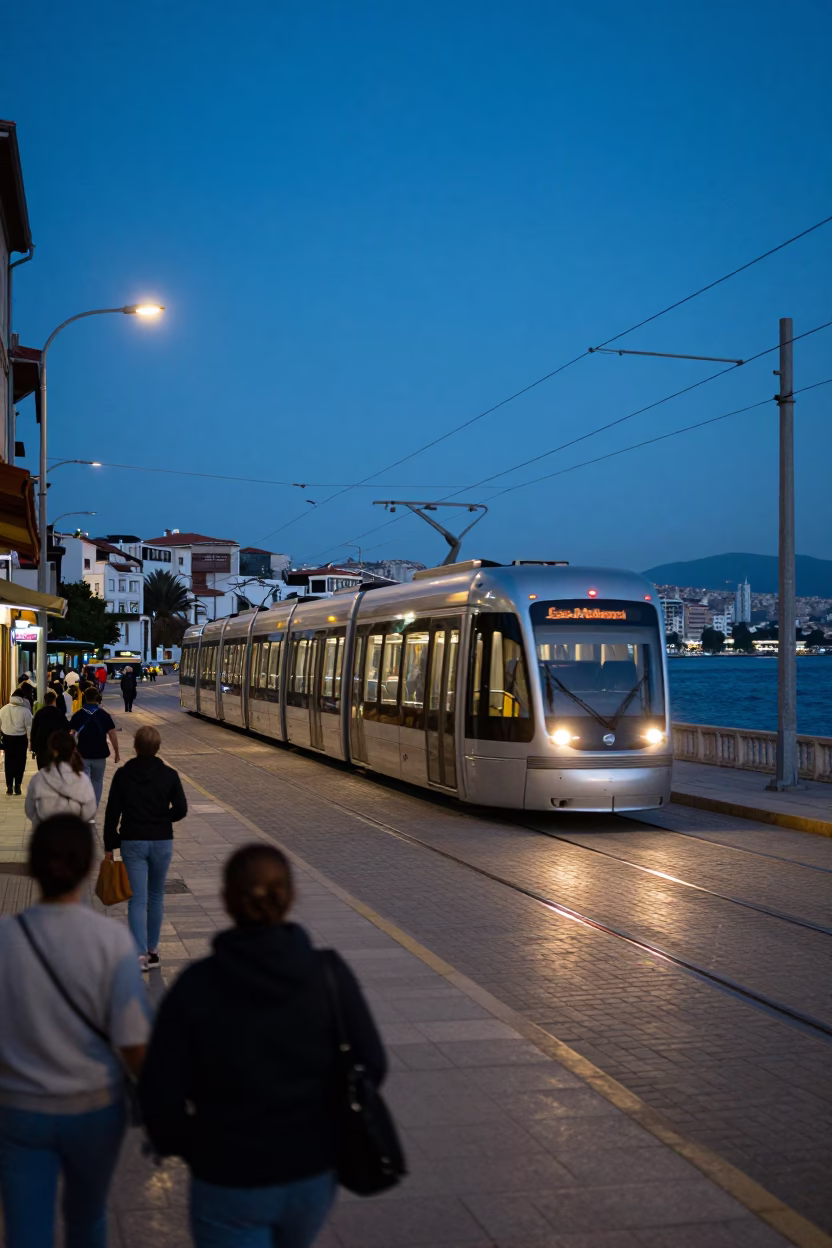 Twilight Street Scene in Izmir Turkey with Monorail and Local Life in in Izmir, Turkey