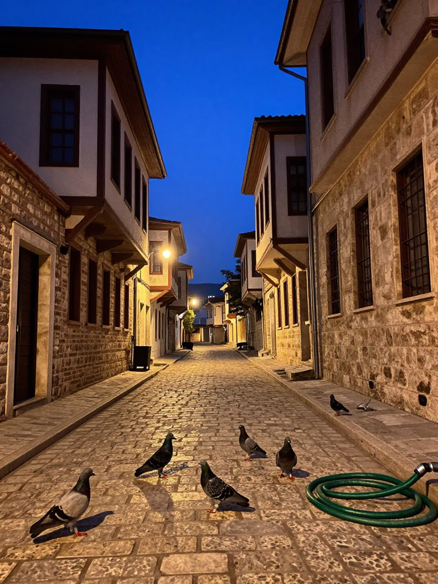 Twilight Street Scene in Izmir Turkey with Pigeons and Garden Hose in in Izmir, Turkey