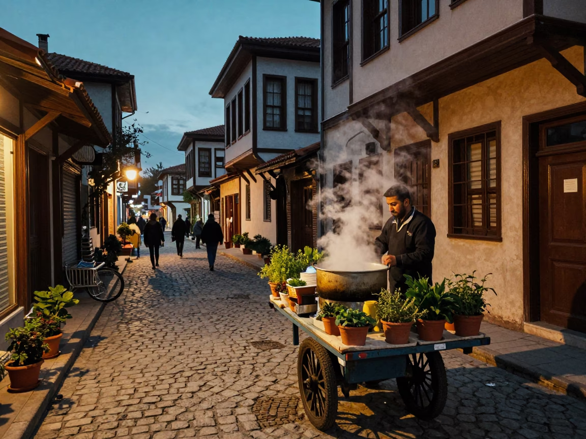 Twilight street scene in Izmir Turkey with potted herbs and local street food culture in in Izmir, Turkey