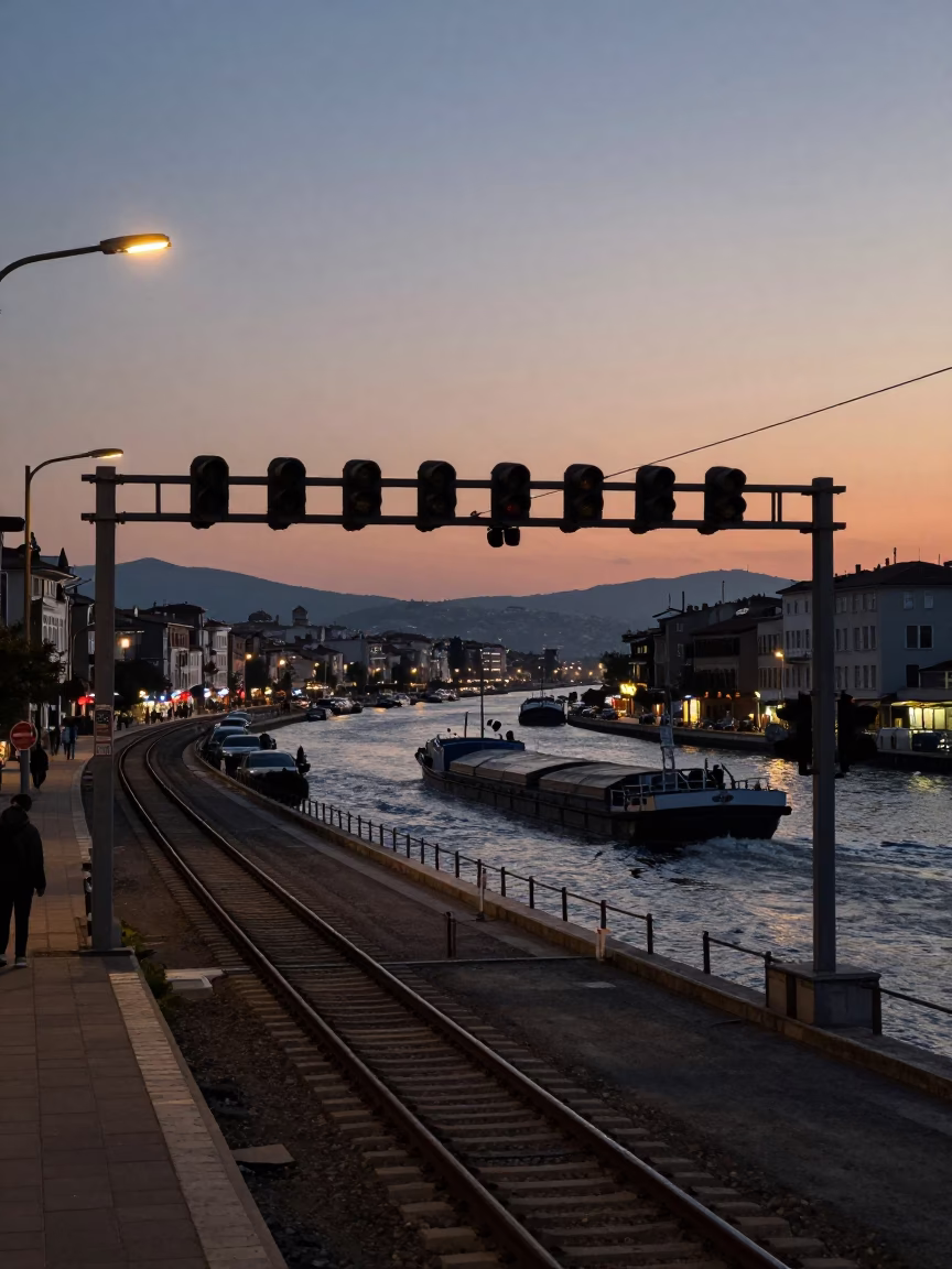 Twilight Street Scene in Izmir Turkey with Signal Gantry and Canal Barge in in Izmir, Turkey