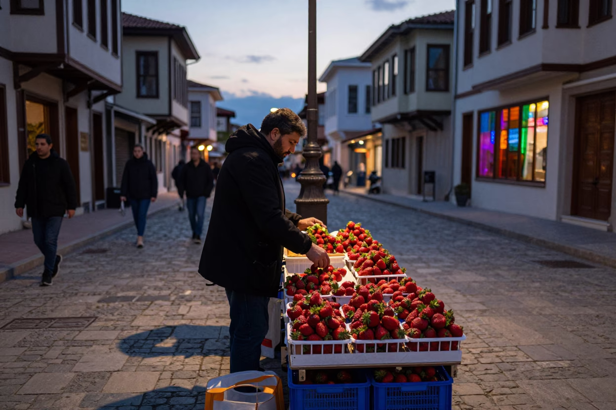 Twilight Street Scene in Izmir Turkey with Strawberries and Colored Glass Bottle in in Izmir, Turkey