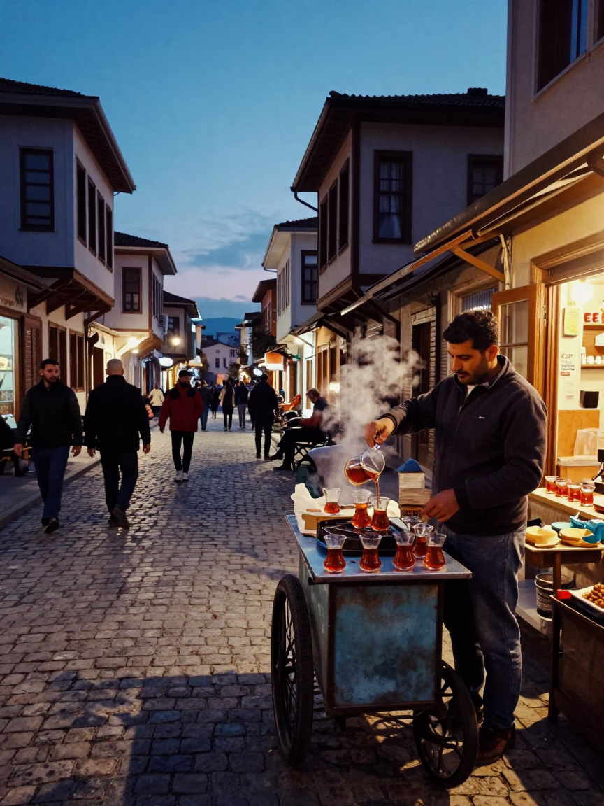 Twilight Street Scene in Izmir Turkey with Tea Stains and Local Interaction in in Izmir, Turkey