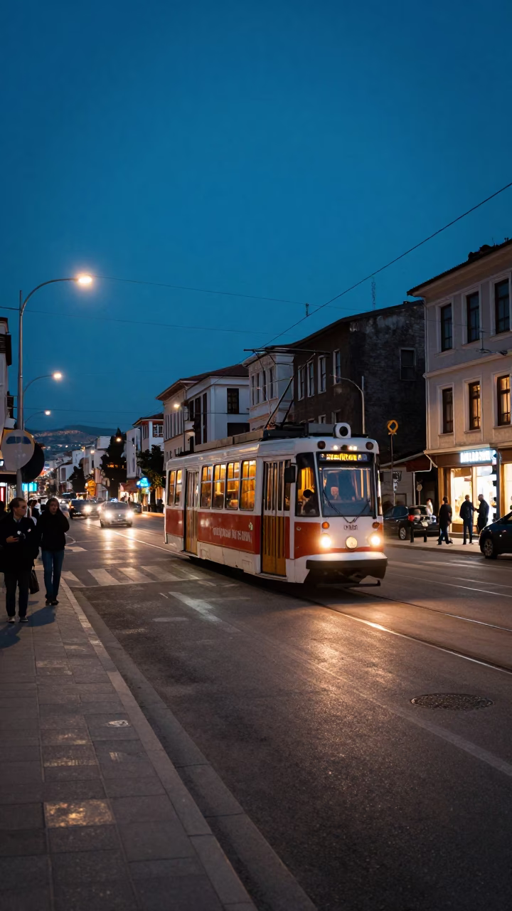 Twilight Street Scene in Izmir Turkey with Tram and City Lights in in Izmir, Turkey
