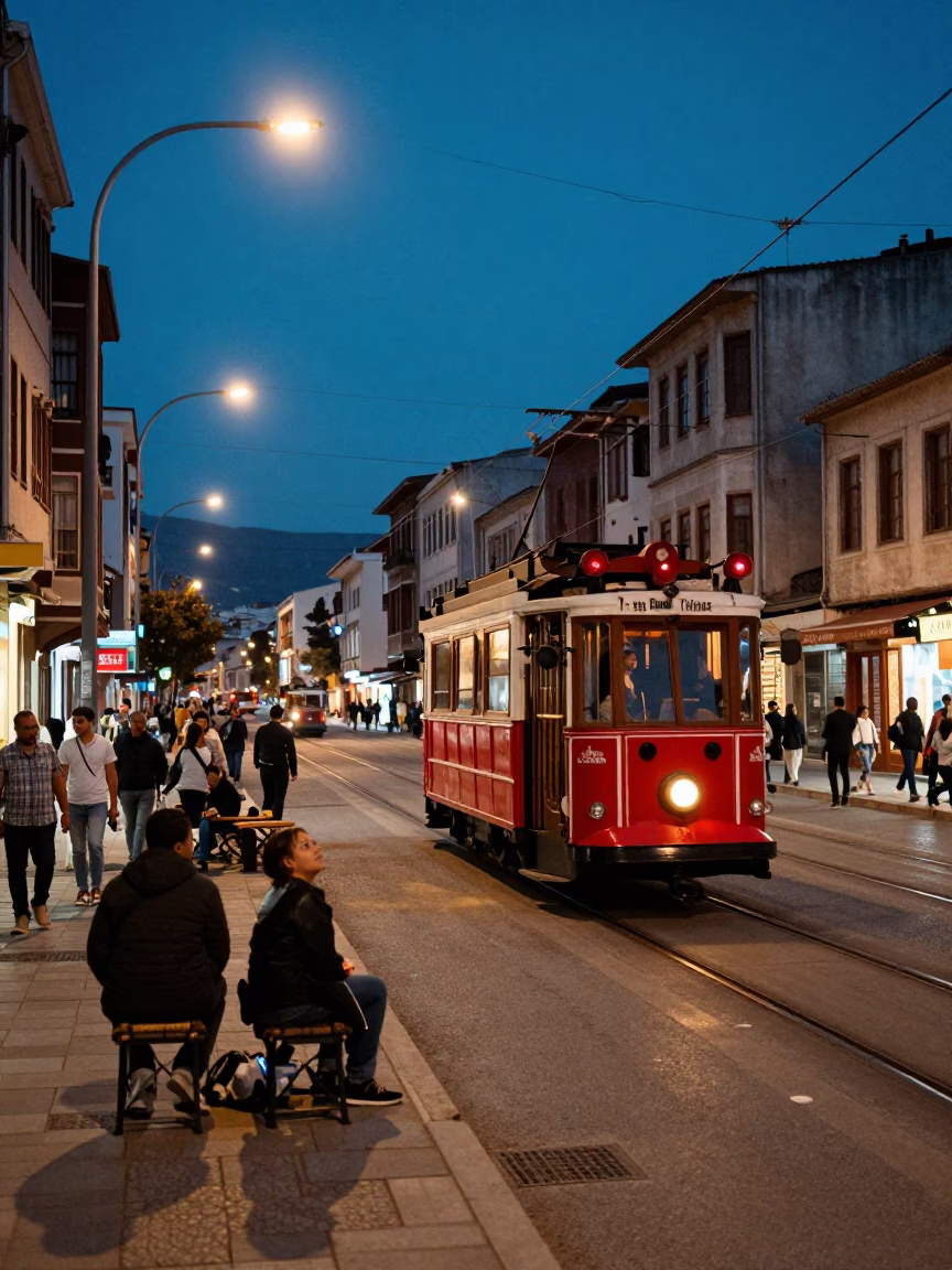 Twilight Street Scene in Izmir Turkey with Tram and Local Life in in Izmir, Turkey