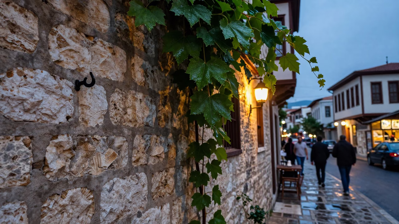 Twilight Street Scene in Izmir Turkey with Vine and Wall Sconce in in Izmir, Turkey