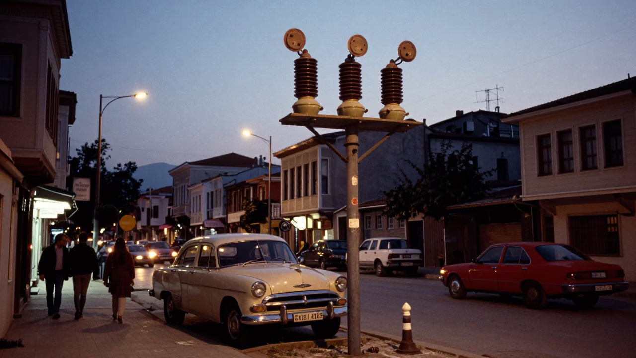 Twilight Street Scene in Izmir Turkey With Vintage Car And Substation Insulators in in Izmir, Turkey