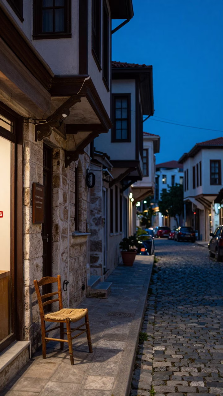 Twilight Street Scene in Izmir Turkey with Vintage Chair and Urban Architecture in in Izmir, Turkey