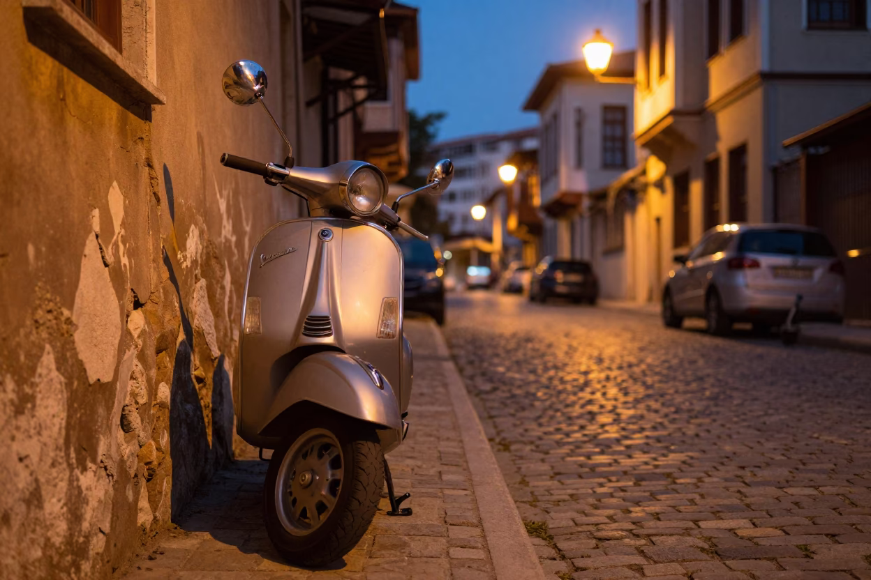 Twilight Street Scene in Izmir Turkey with Vintage Vespa on Cobblestone Lane in in Izmir, Turkey