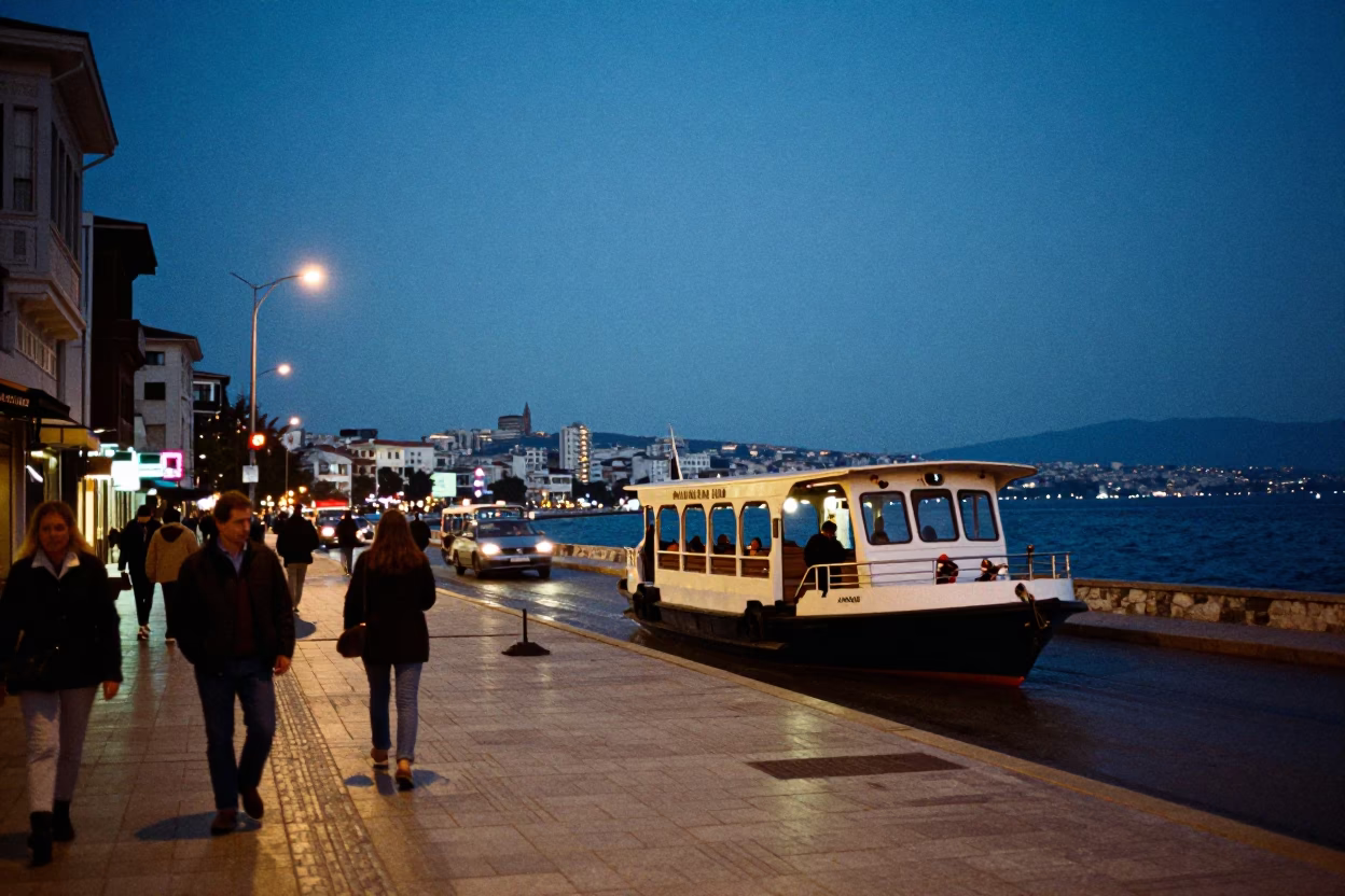 Twilight Street Scene in Izmir Turkey with Water Taxi and Coastal Activity in in Izmir, Turkey