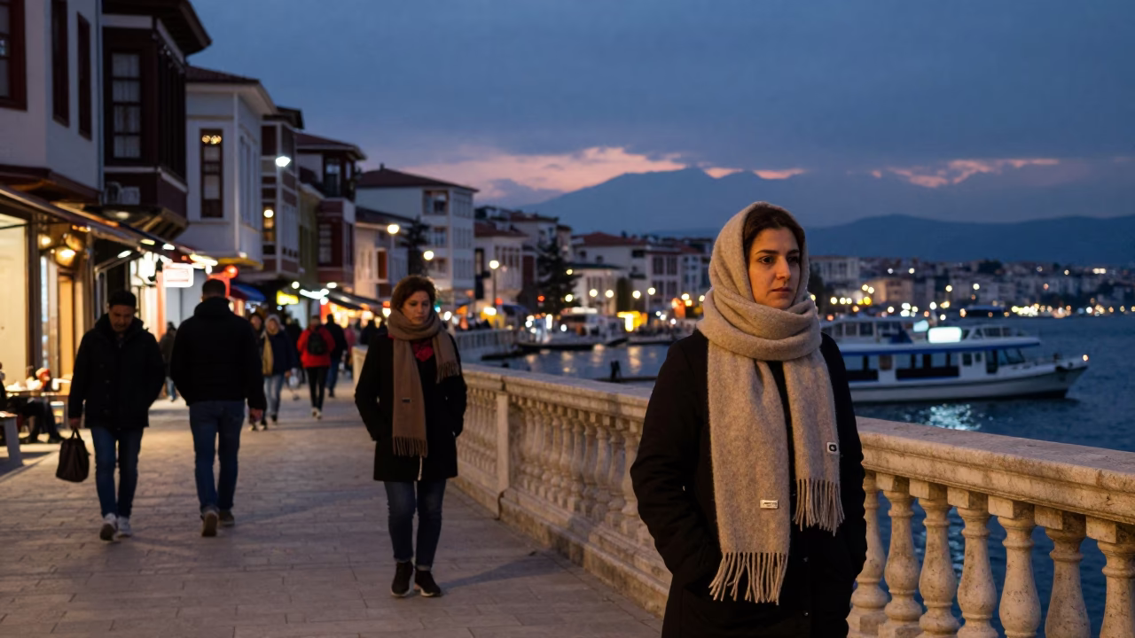 Twilight Street Scene in Izmir Turkey with Wool Scarves and Urban Life in in Izmir, Turkey