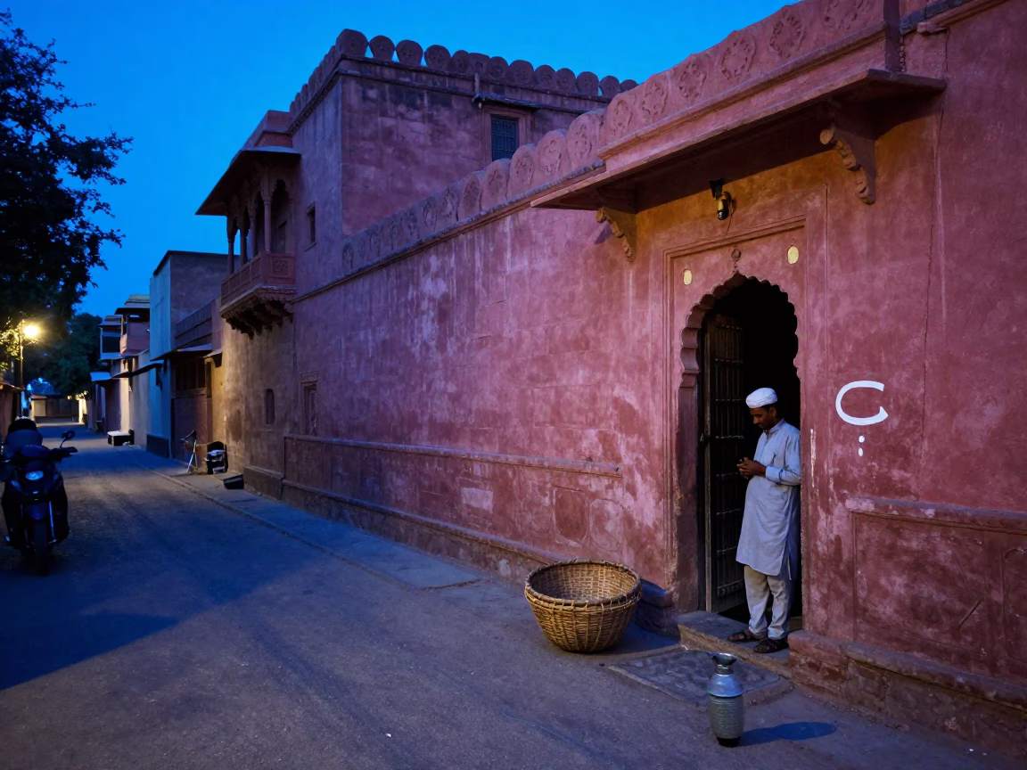 Twilight Street Scene in Jaipur India with Basket and Water Mark on Painted Plaster in in Jaipur, India