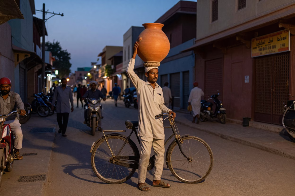 Twilight Street Scene in Jaipur India with Bicycle and Clay Pot in in Jaipur, India