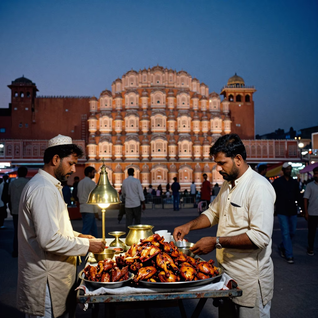 Twilight Street Scene in Jaipur India with Brass Artisans and Local Commerce in in Jaipur, India